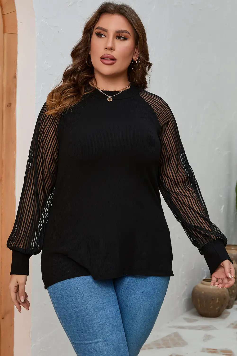 Sheer Striped Sleeve Plus Size Top - Elegant Black Knit