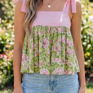 Green Floral Patchwork Knot-Strap Babydoll Tank Top