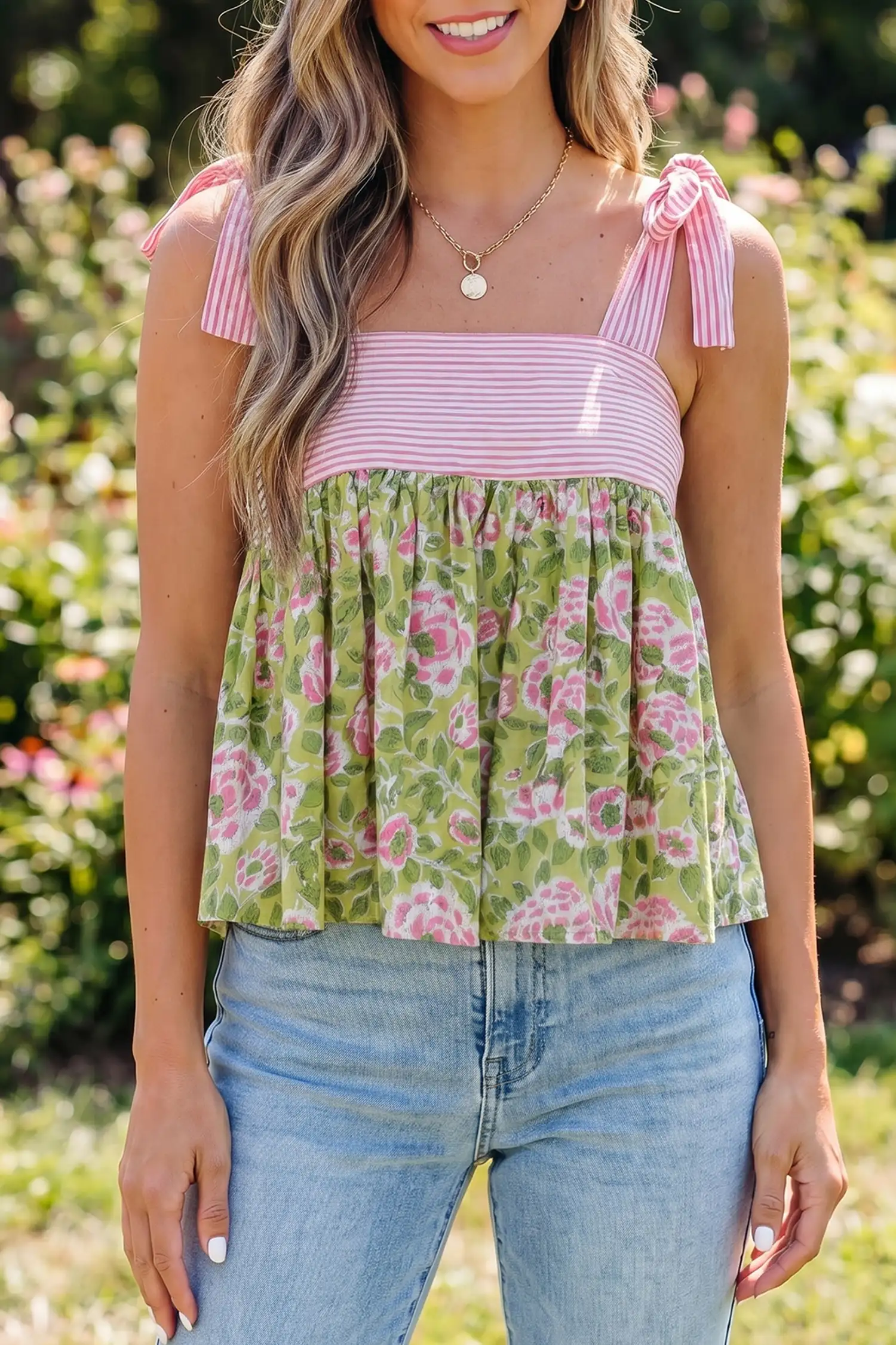 Green Floral Patchwork Knot-Strap Babydoll Tank Top