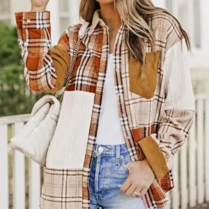 color block shirt jacket — Fall Color Block Patchwork Shirt Jacket for Women in Vibrant Orange for Trendy Autumn Outerwear