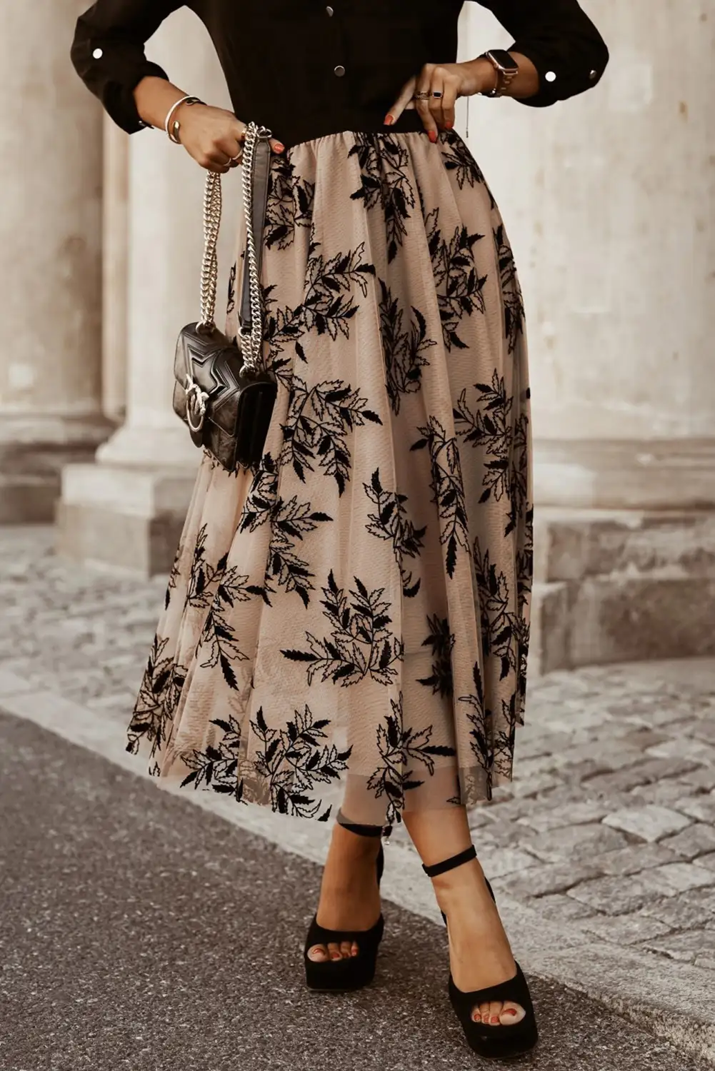 Floral Embroidered Maxi Skirt - Apricot