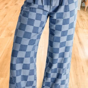 Dusk Blue Plaid Denim Wide-Leg Jeans