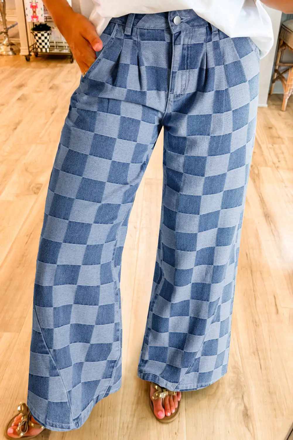 Dusk Blue Plaid Denim Wide-Leg Jeans