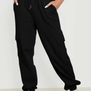 Black Waffle Texture Cargo Pocket Jogger Pants - High Waist Active Style