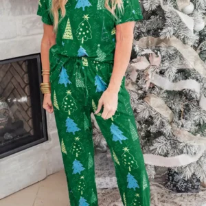 Green Christmas Tree Print Lounge Set — V-Neck Tee + Wide-Leg Pants