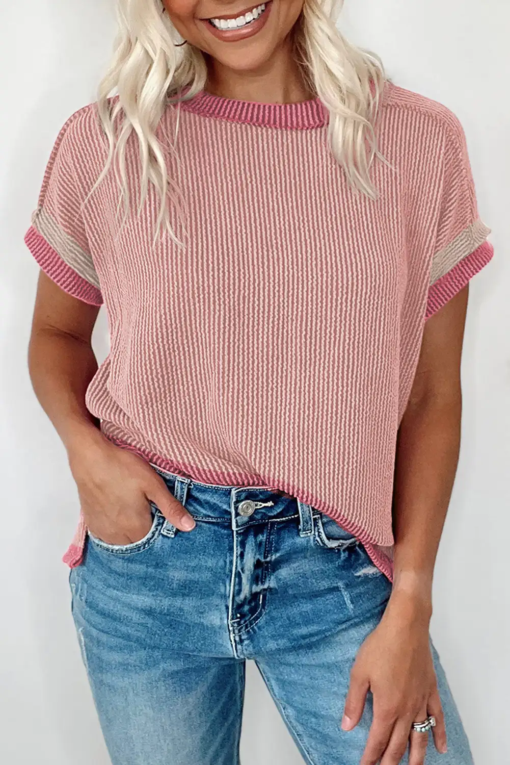 Textured Pink Round Neck T Shirt