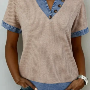 Beige Ribbed Knit Color-Block Patchwork Collared Blouse with Denim Collar & Button Detail
