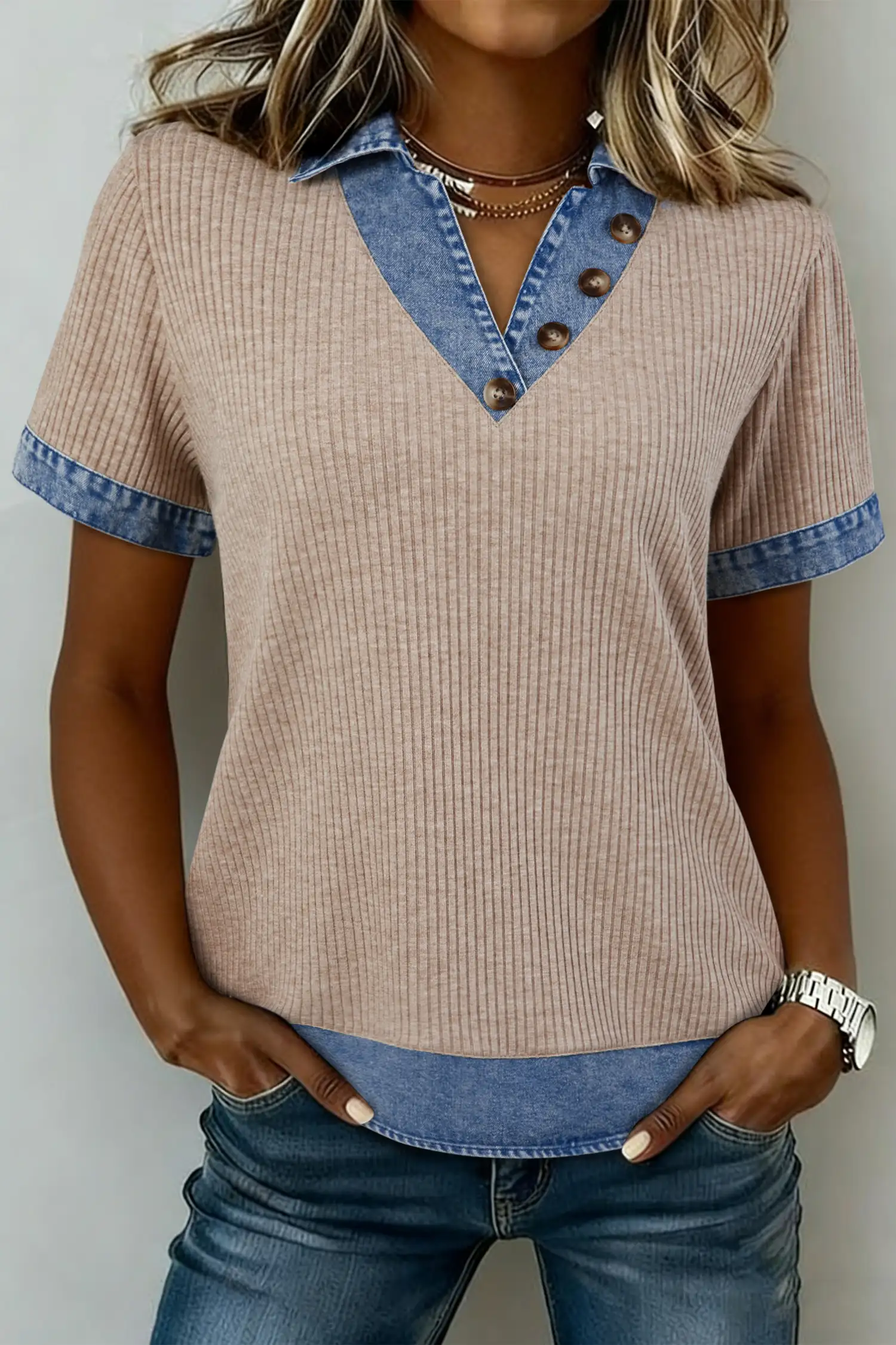 Beige Ribbed Knit Color-Block Patchwork Collared Blouse with Denim Collar & Button Detail