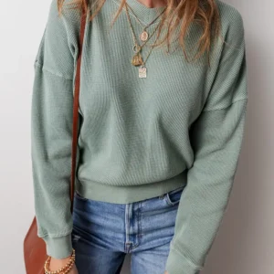 Casual Aqua Waffle Knit V-Neck Long Sleeve Top for Cozy Fall and Autumn Style