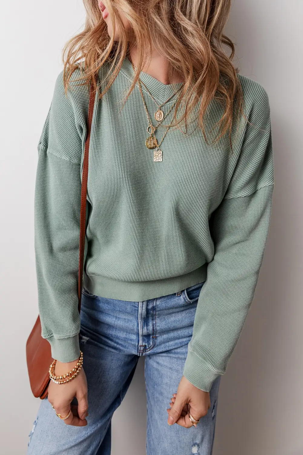 Aqua Waffle Knit V-Neck Top