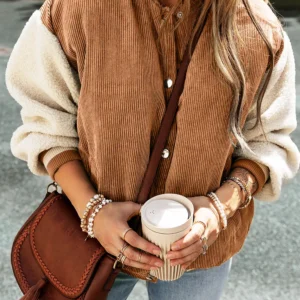 Buckskin Corduroy Fleece Patchwork Buttoned Bomber Jacket — Casual Winter Outerwear