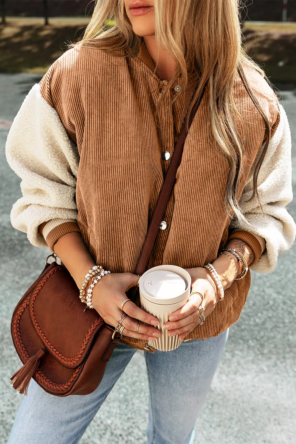 Buckskin Corduroy Fleece Patchwork Buttoned Bomber Jacket — Casual Winter Outerwear