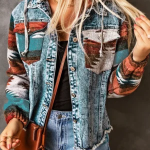 Multicolor Aztec Print Frayed-Hem Hooded Denim Shacket