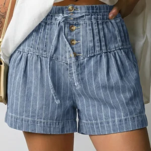 Sky Blue Stripe Drawstring Pleated High-Waist Denim Shorts