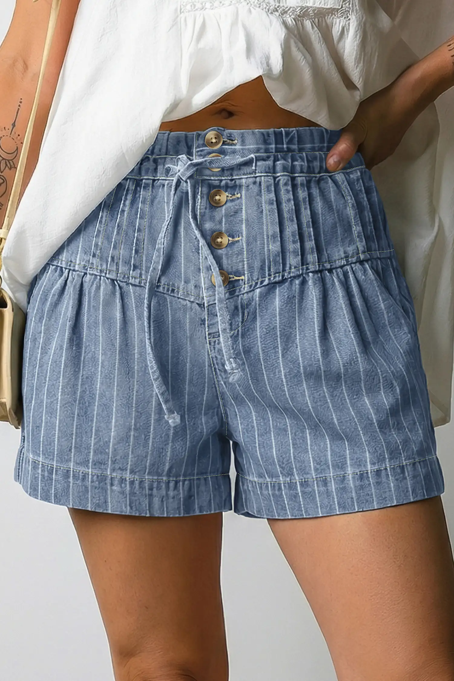 Sky Blue Stripe Drawstring Pleated High-Waist Denim Shorts