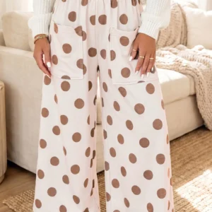 Khaki Polka Dot Wide-Leg Elastic Pants