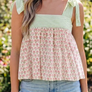 Pink Floral Patchwork Knot-Strap Babydoll Tank