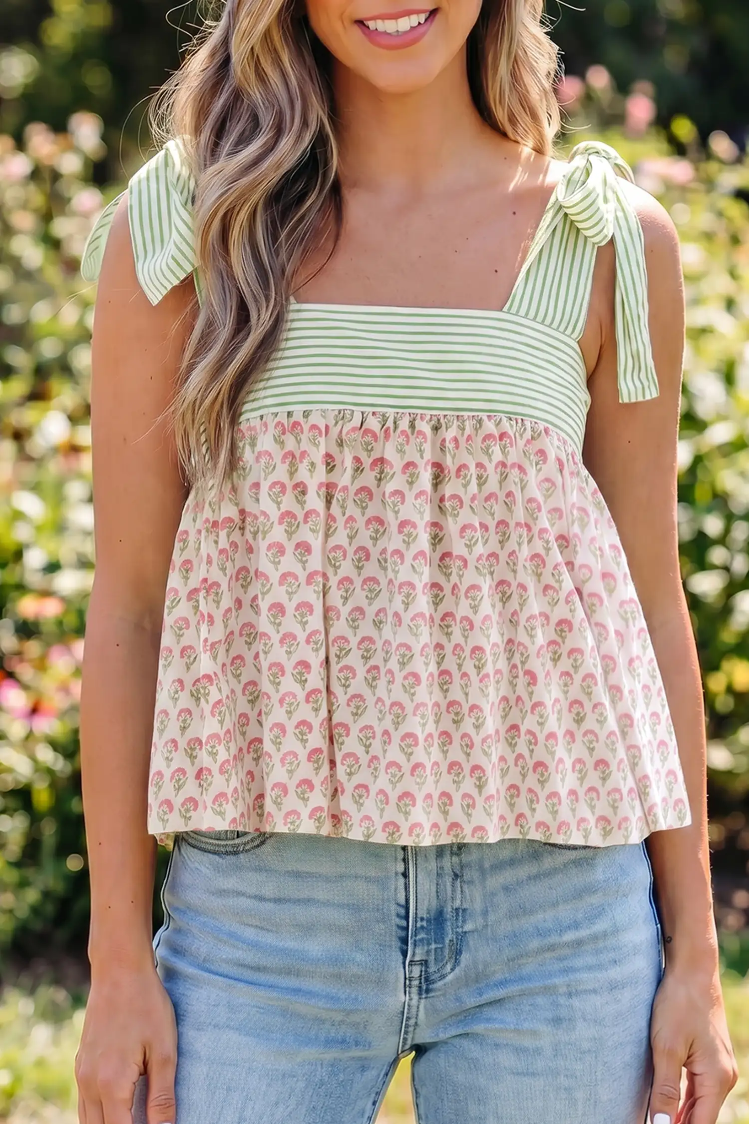 Pink Floral Patchwork Knot-Strap Babydoll Tank