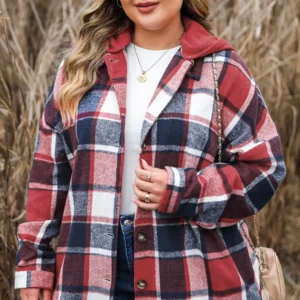 Red Plaid Button-up Hooded Jacket