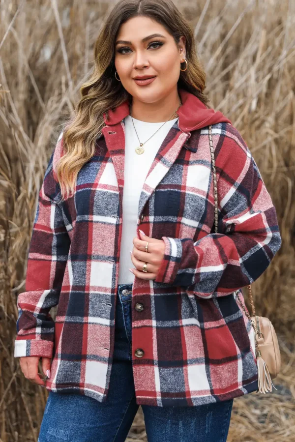 Red Plaid Button-up Hooded Jacket