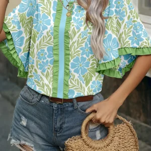 Sky Blue Floral Ruffle Blouse with Color-Block Trim