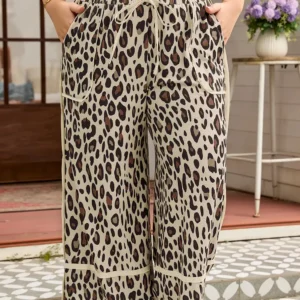 Khaki Leopard Wide-Leg Pants - Exposed Seam, Patch Pocket (Plus Size)