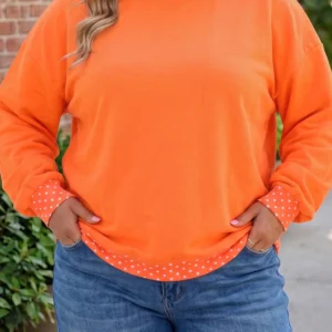 Orange Polka Dot Patchwork Round-Neck Sweatshirt – Plus Size