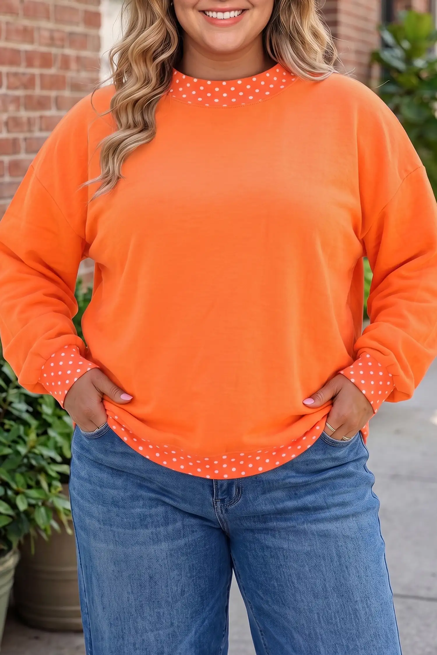 Orange Polka Dot Patchwork Round-Neck Sweatshirt – Plus Size