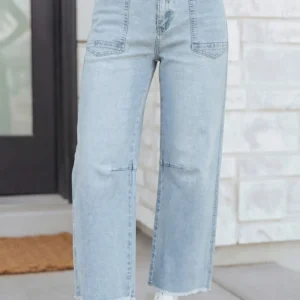 Beau Blue Frayed Cropped Barrel Jeans - High-Waist Denim