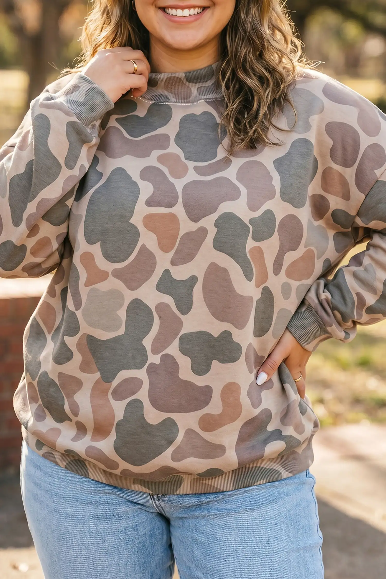 Multicolour Camo Ribbed Mock-Neck Sweatshirt Plus Size