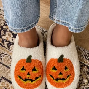 Cozy Spooky Pumpkin Print Plush Slippers for Ultimate Winter Comfort at Home Perfect for Halloween Casual Style
