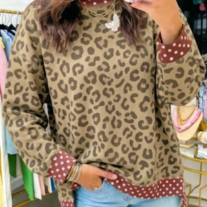 Brown Leopard Colorblock Trim Long Sleeve Top with Polka Dot