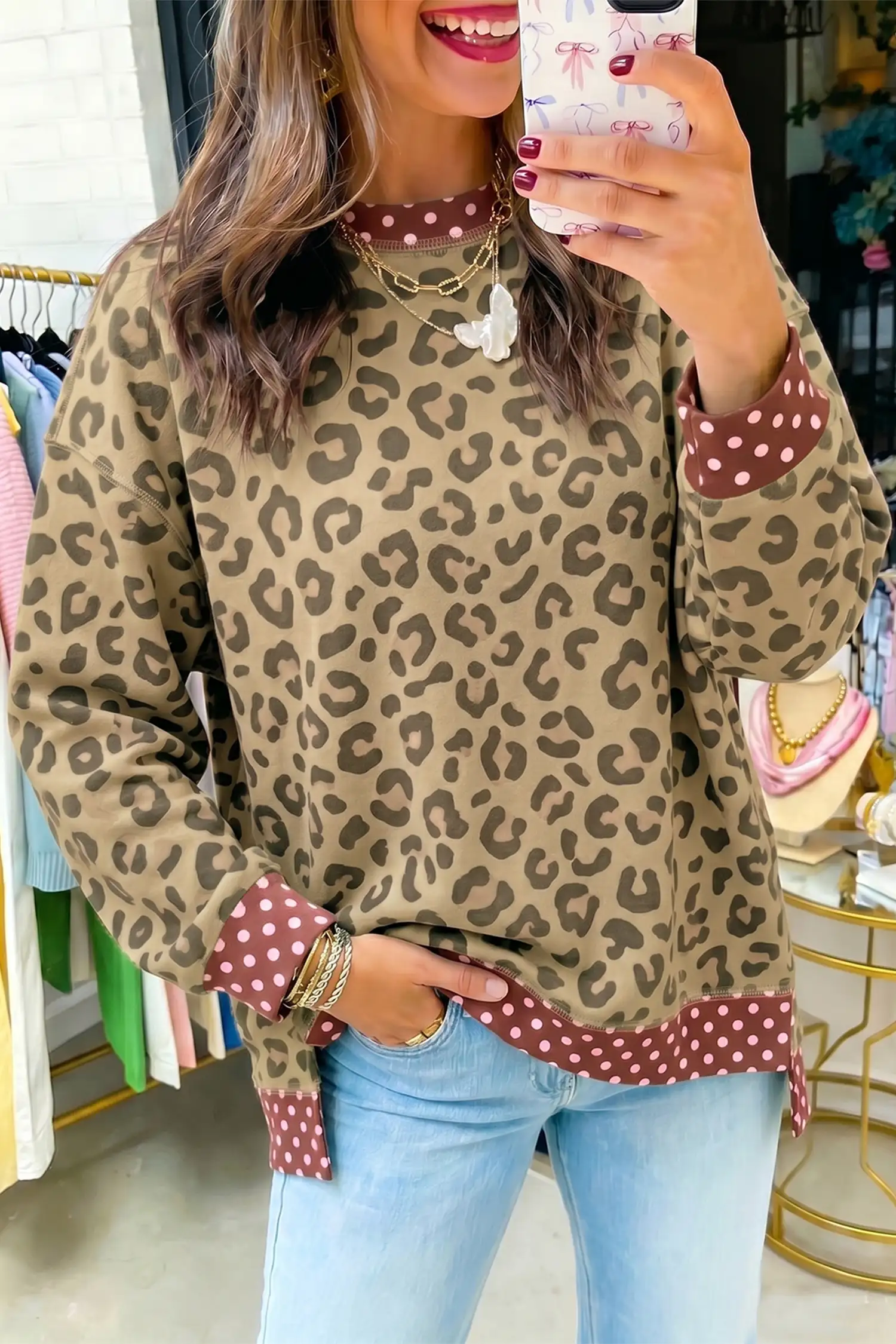 Brown Leopard Colorblock Trim Long Sleeve Top with Polka Dot