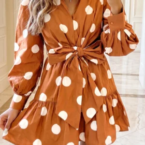 Brown Polka Dot Tie-Waist Mini Dress