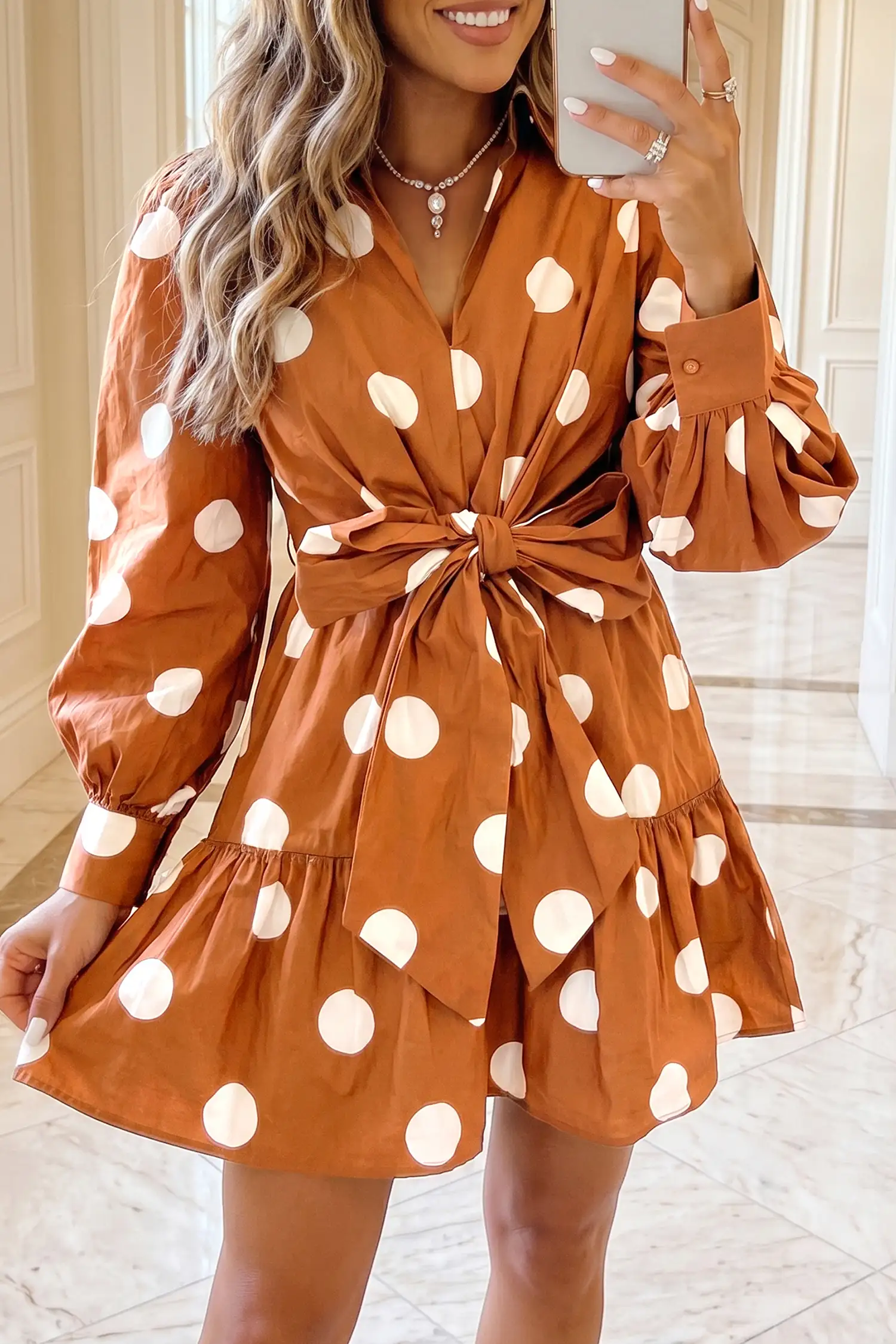 Brown Polka Dot Tie-Waist Mini Dress