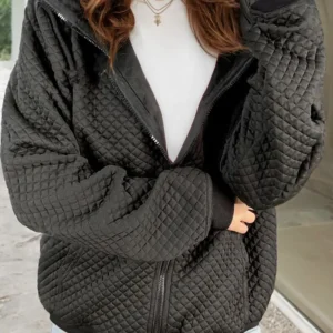 Stylish Quilted Black Hooded Jacket for Casual Winter Wear with Textured Fabric and Solid Color Design