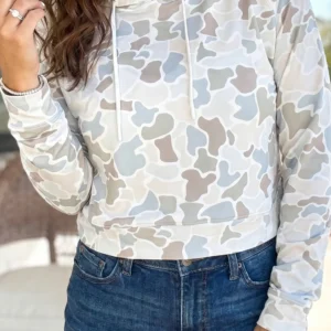 Beige Camouflage Print Relaxed Drawstring Hoodie