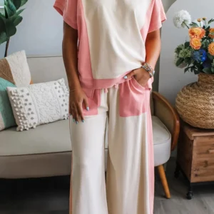 White Two-Tone Patchwork Tee & Drawstring Pant Set