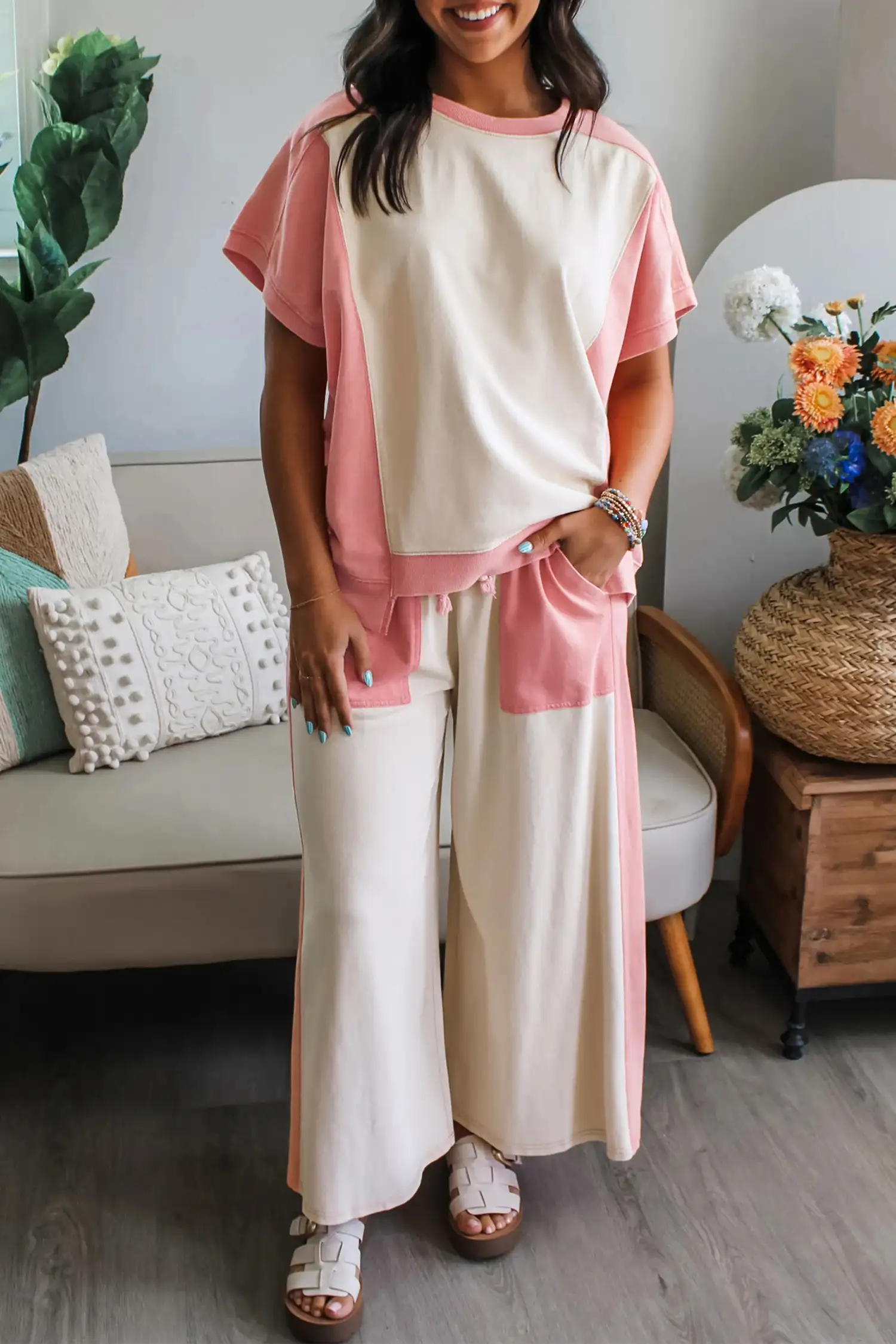 White Two-Tone Patchwork Tee & Drawstring Pant Set