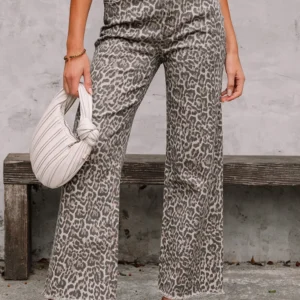 Brown Leopard Denim Frayed-Edge Wide-Leg High-Waist Jeans