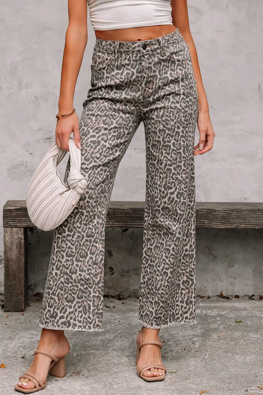 Brown Leopard Denim Frayed-Edge Wide-Leg High-Waist Jeans