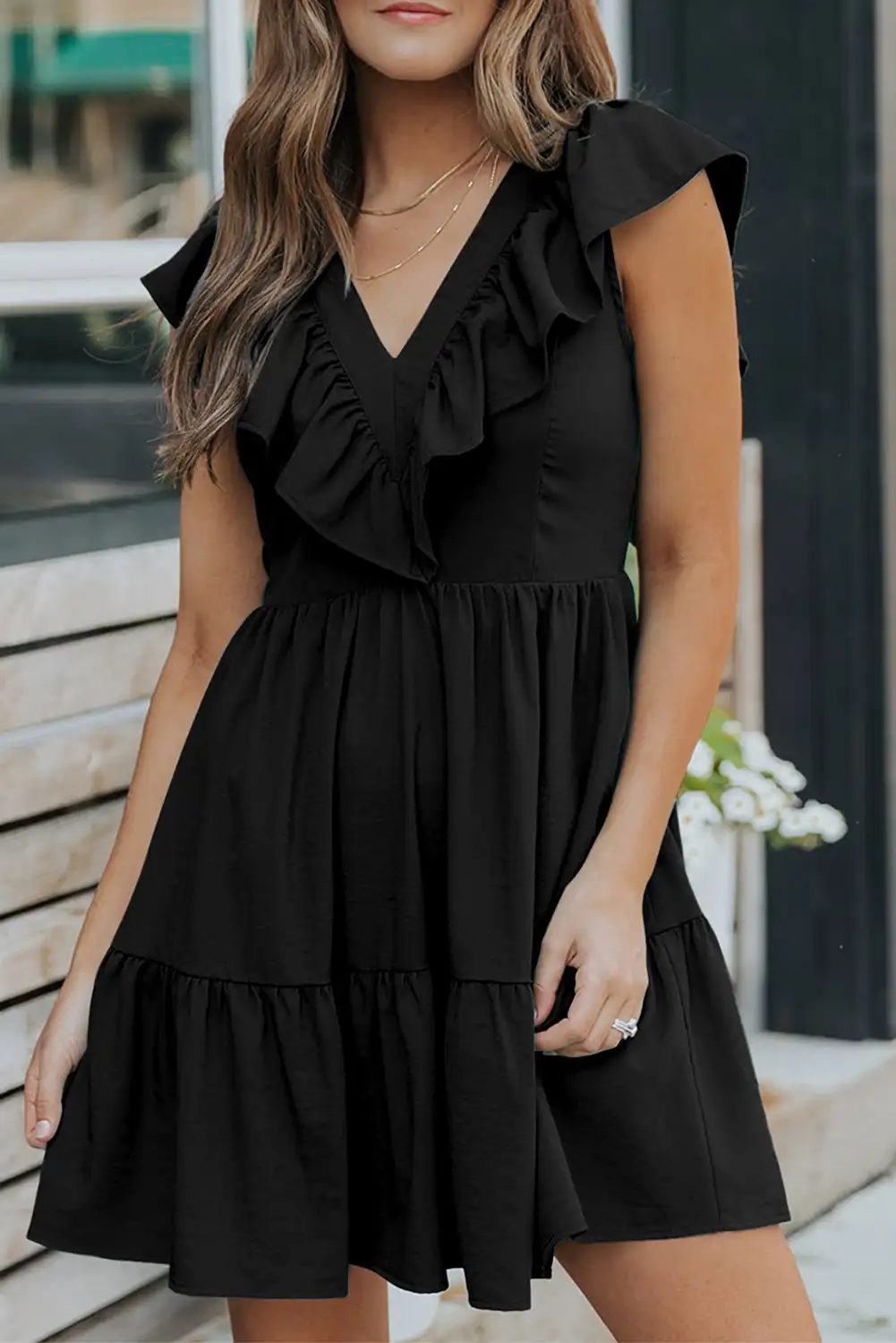 Ruffle Trim V Neck Black Mini Dress