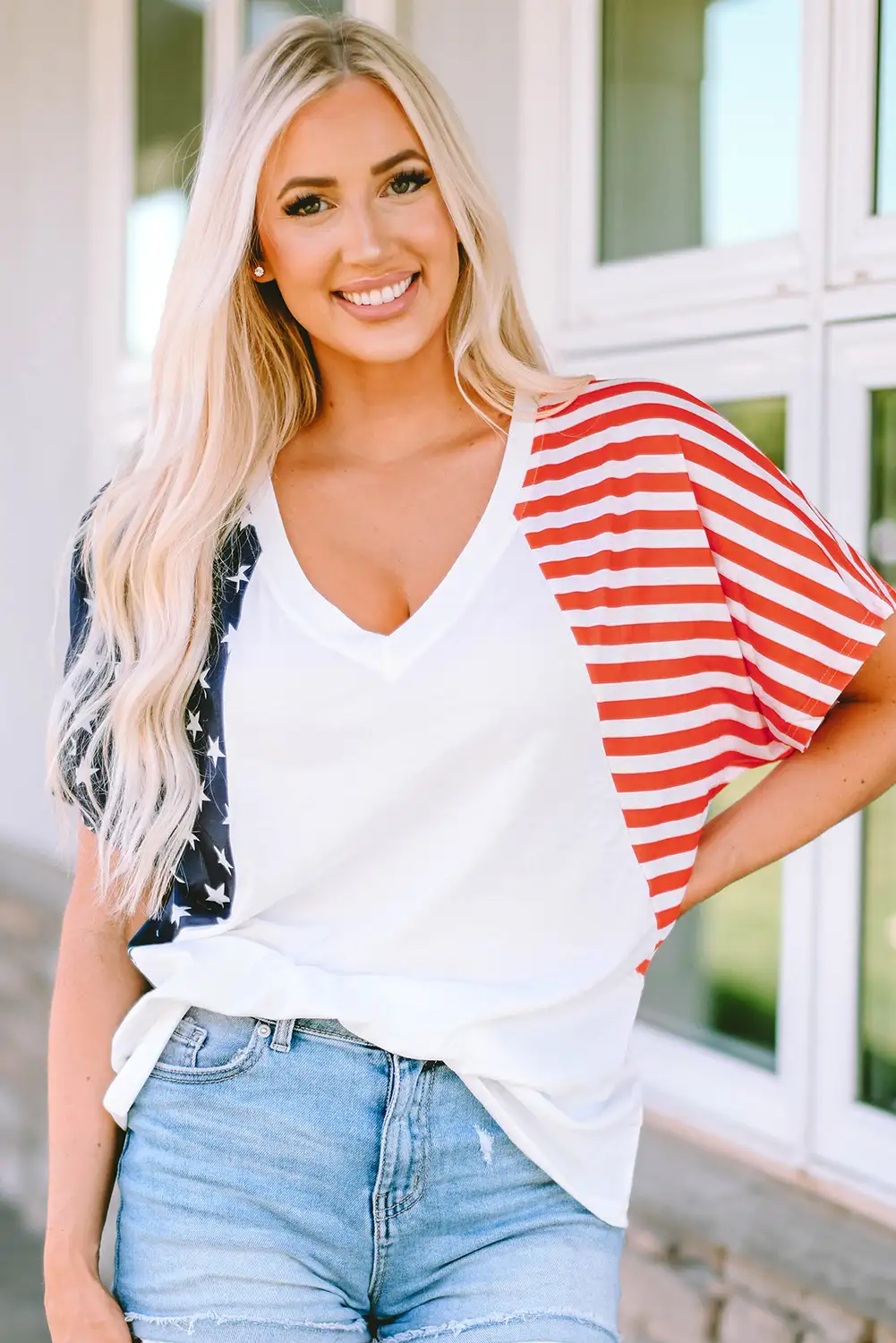 Chic US Stars and Stripes V Neck Tee