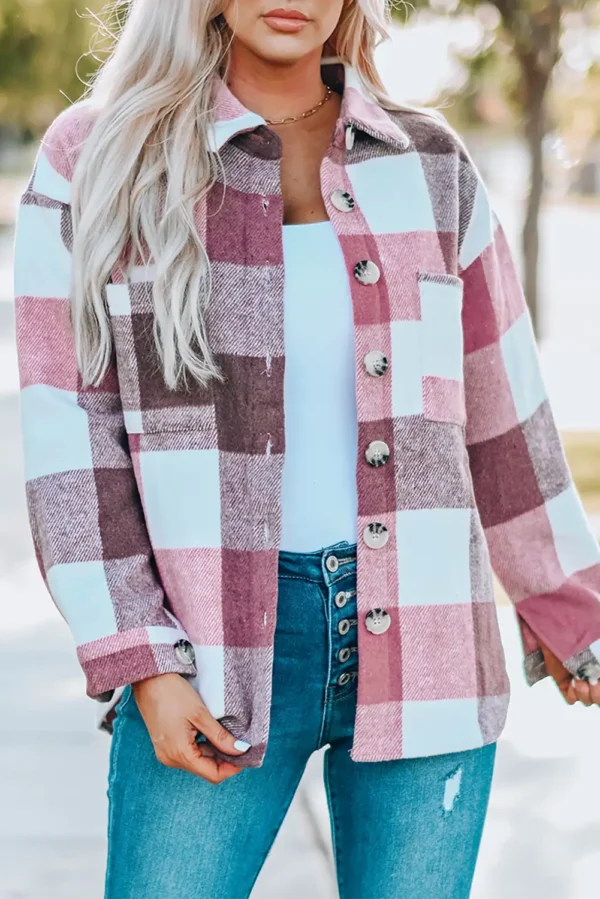 Color Block Plaid Jacket with Pocket