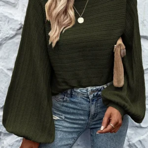 Elegant Jungle Green Lantern Sleeve Textured Knit Sweater