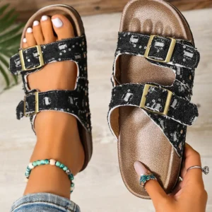 Black-White Denim Distressed Slippers with Retro Buckle Straps