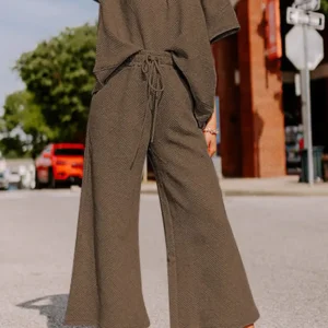 Textured Brown Casual Summer Loose Fit T-Shirt and Wide Leg Pants Set for Effortless Everyday Style