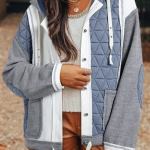 Light Blue Quilted Patchwork Hooded Jacket – Loose Fit Casual Outerwear