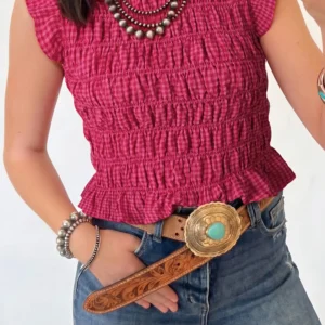 Red Plaid Shirred Ruffle Tank Top — Western Chic