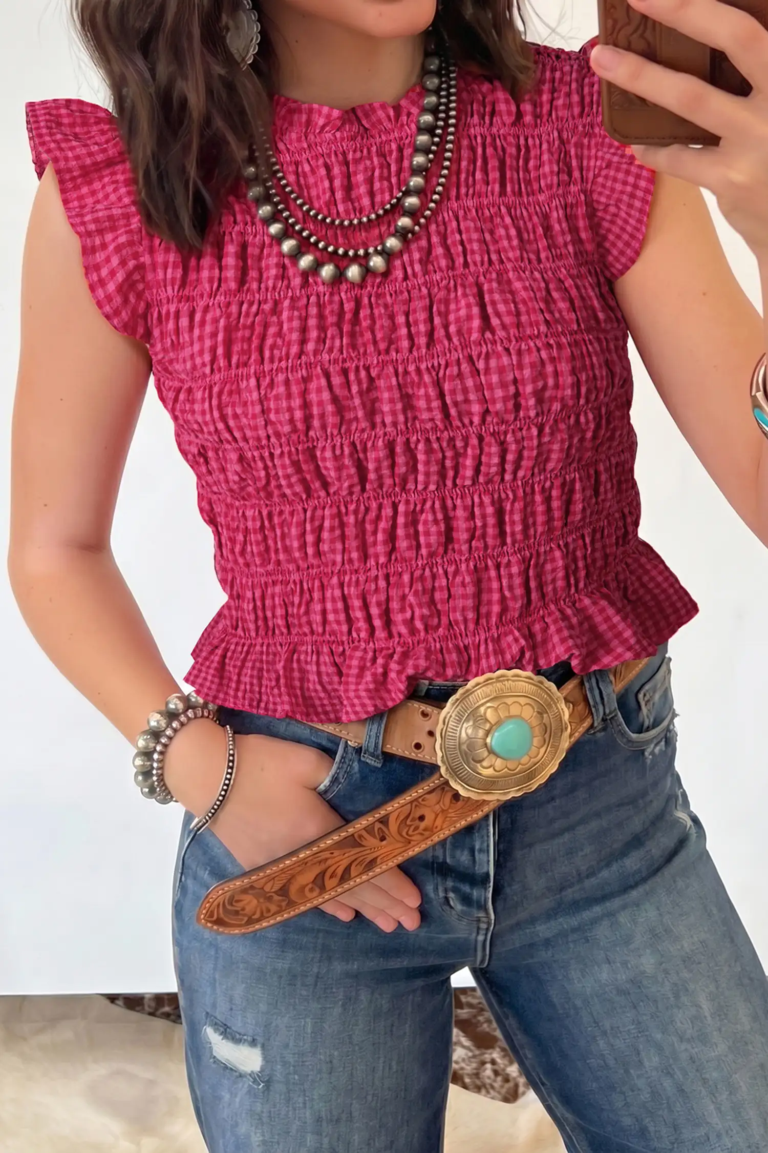 Red Plaid Shirred Ruffle Tank Top — Western Chic